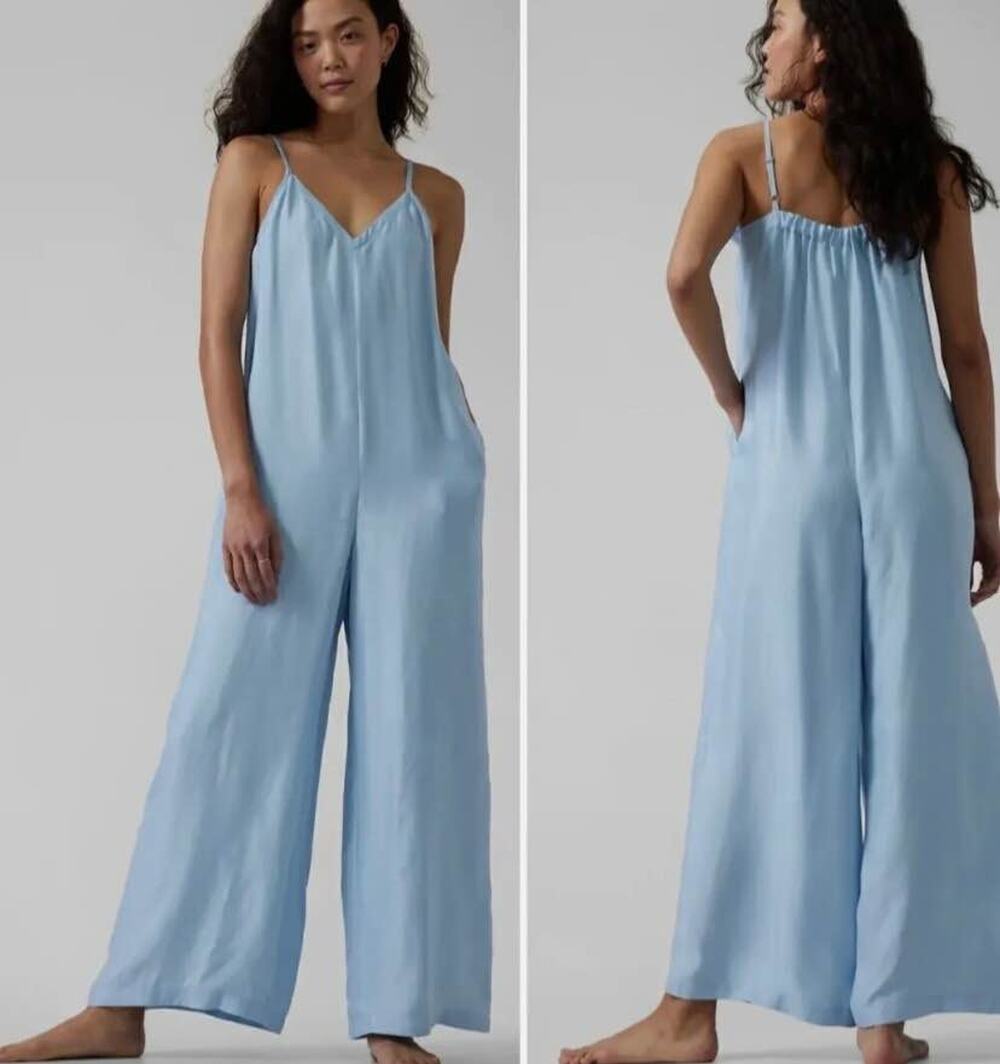 ATHLETA Women’s Small Calm Cool Romper Blue Wide Leg Jumpsuit Size NWT $119.00 - Picture 1 of 8